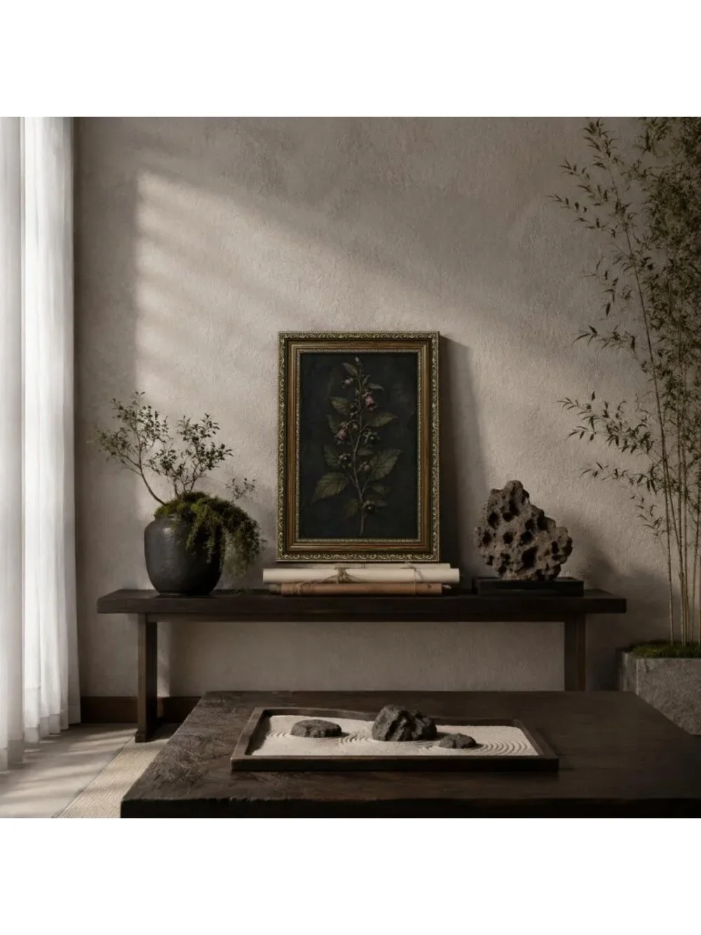 Moody Floral Wall Art - Vintage Gold Framed Dark Botanical Decor for Home